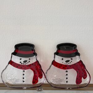 2pc Peppermint Square SNOWMAN Glass Plates 6.5in Christmas Holiday NEW